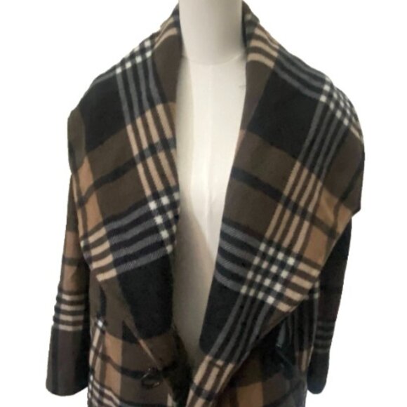 Ellen Reyes Woman Wrap Style Coat Black Tan Cream Plaid Collared Fleece L - Picture 6 of 16